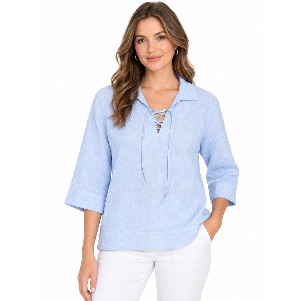 Saks Fifth Avenue Womens Light Blue 100% Linen Lace Up Tunic Top Size Large NWT